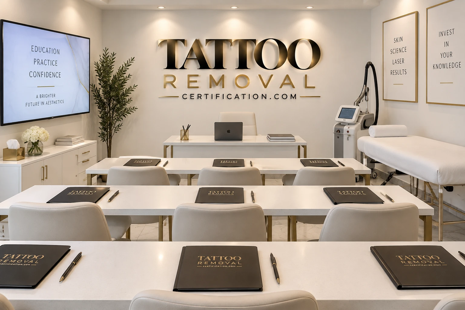 Laser tattoo removal certification classroom with student workstations, treatment bed, and laser machine